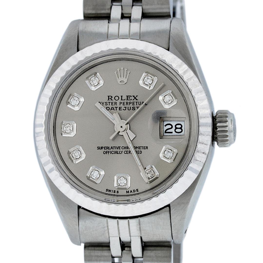 Rolex Ladies Stainless Steel Slate Grey Diamond 26MM: One Ladies Stainless Steel Rolex Datejust Polished Bright with Satin Finish, Serviced & Electronically Tested, Stainless Steel Case: 26mm, Stainless Steel Crown, Bezel: 14K White Gold Bezel. Custom Cr