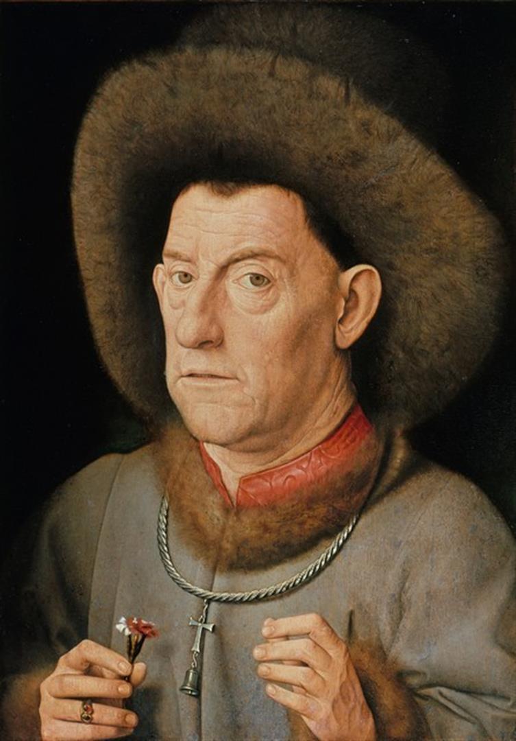 Jan Van Eyck - Man with Pinks: Artist: Jan Van Eyck - Title: Man with Pinks - Medium: Fine Art Reproduction Giclee on Canvas - Image Size: Approximately 20 inches x 14 inches - Unframed on Unstretched Canvas - Biography: Jan Van Ey