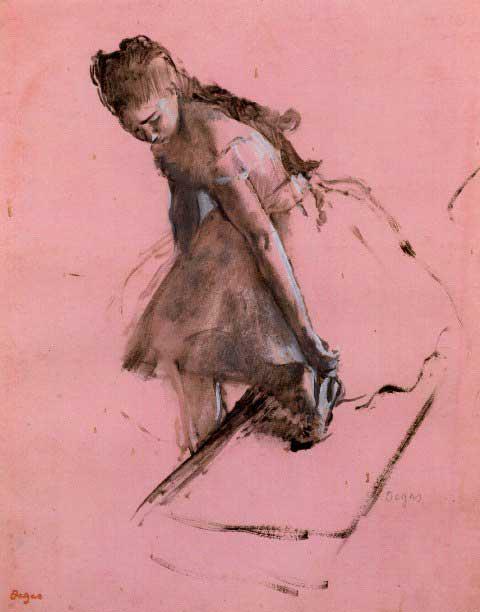 Edgar Degas - Dancer Slipping On Her Shoe: Artist: Degas - Title: Dancer Slipping On Her Shoe - Medium: Fine Art Reproduction Giclee on Archival Canvas - Image Size: Approximately 20 inches x 15.75 inches - Framed: Unframed on Unstretched Canv