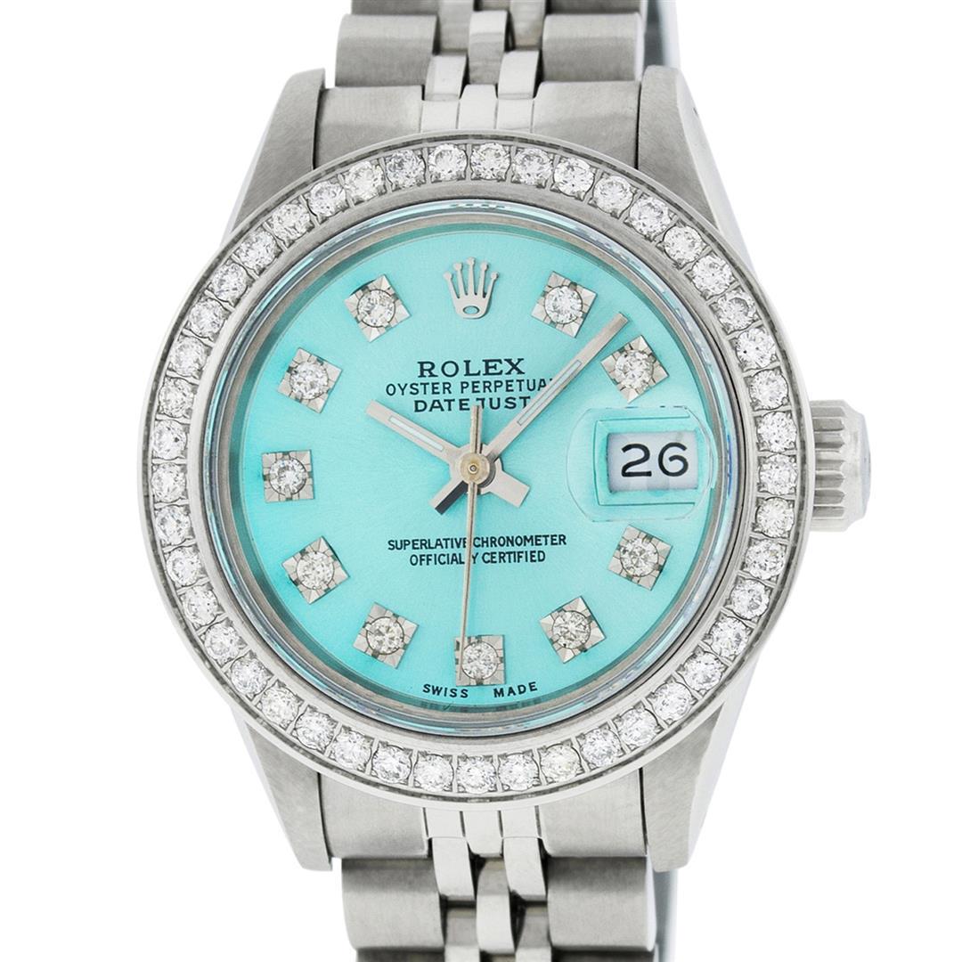 Rolex Ladies Stainless Steel Ice Blue Diamond 26MM: One Ladies Stainless Steel Rolex Datejust Polished Bright with Satin Finish, Serviced & Electronically Tested, Stainless Steel Case: 26mm, Stainless Steel Crown, Custom Bezel: New Stainless Steel Bead