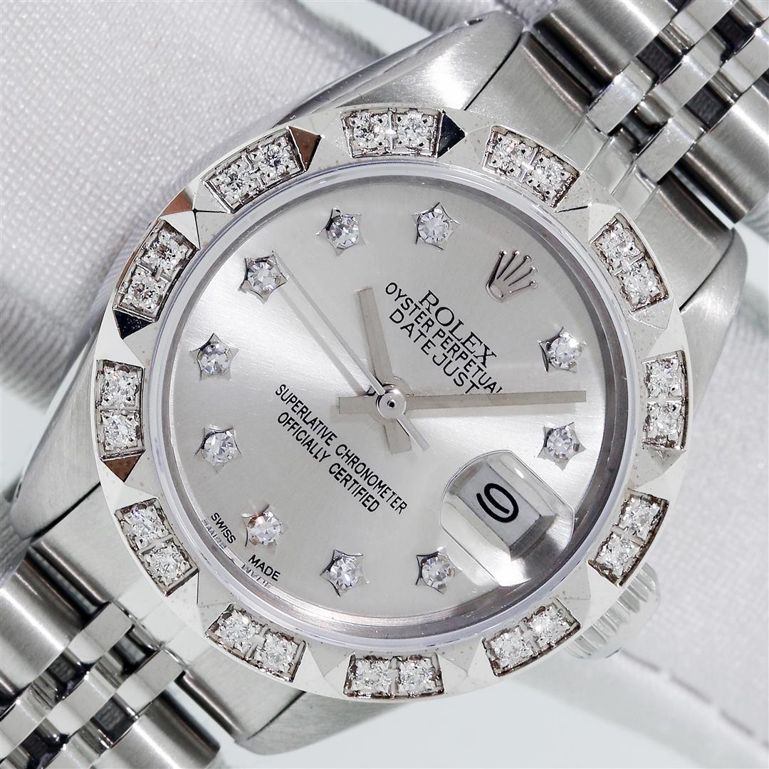 Rolex Ladies Stainless Steel Silver Star Pyramid: One Ladies Stainless Steel Rolex Datejust Polished Bright with Satin Finish, Serviced & Electronically Tested, Stainless Steel Case: 26mm, Stainless Steel Crown, Custom Bezel: New 18K White Gold Pyram