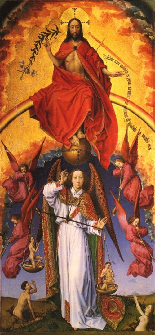 Rogier van der Weyden - Christ with the Archangel: Artist: Rogier van der Weyden - Title:Christ with the Archangel Michael - Medium: Fine Art Giclee on Canvas - Image Size: Approximately 32 inches x 15 inches - Unframed on Unstretched Canvas - Biograp