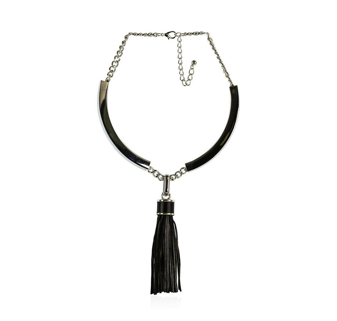 Leather Tassel Pendant Necklace - Rhodium Plated: High end designer jewelry. Leather Tassel Pendant Necklace - Rhodium Plated. Rhodium Plated Metal/3.5" Ext Clasp. Black/ Silver. 18/5inches. Total Weight: 149.5 grams.