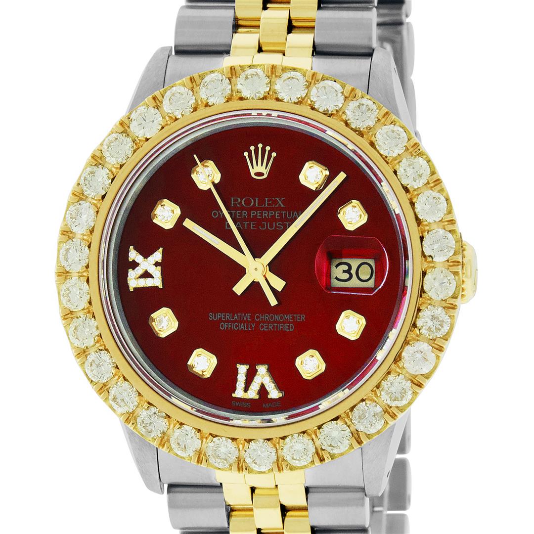 Rolex Mens 2 Tone Red VS 4 ctw Beadset Diamond Datejust: One Mens Yellow Gold Rolex Datejust Polished Bright with Satin Finish, Serviced & Electronically Tested, Stainless Steel Case: 36mm, Yellow Gold Crown, Custom Bezel: New 18K Yellow Gold 4ct Beadset Di