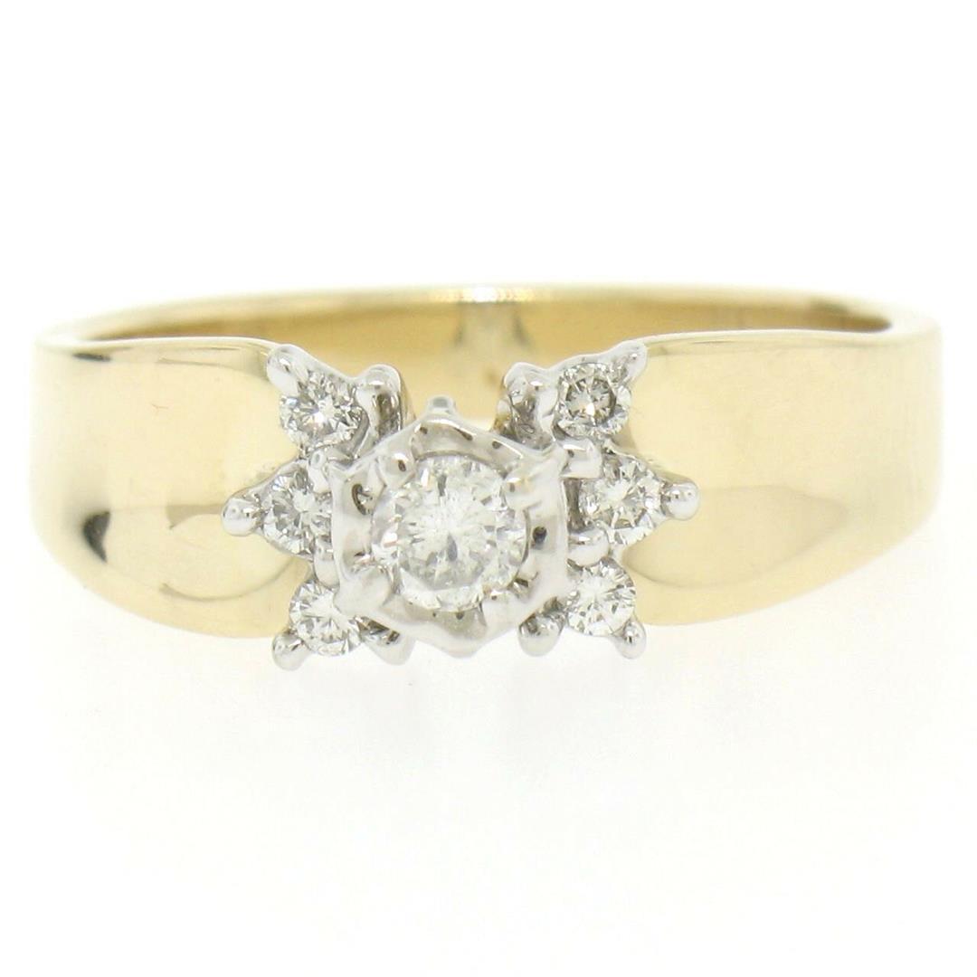 14k Two Tone Gold 0.30 ctw Illusion Set Solitaire: One 14k Two Tone Gold 0.30 ctw Illusion Set Solitaire Diamond Engagement Ring Size 7. Item Details: Material: 14K Solid Yellow & White Gold, Weight: 4.3 Grams, Stone(s): (1) Natural Genuine Diamond - 