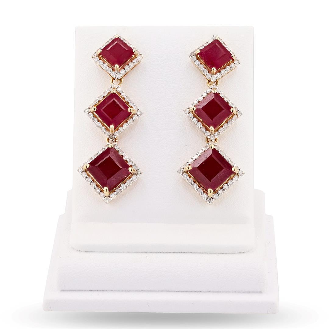 16.77 ctw Ruby and 1.41 ctw Diamond 14K Yellow Gold: 14K Gold Ruby and Diamond Earrings One polished, stamped, and tested pair of 14K yellow gold earrings with a bright finish. The earrings are mounted with: 6 faceted rubies weighing approximately 16.77