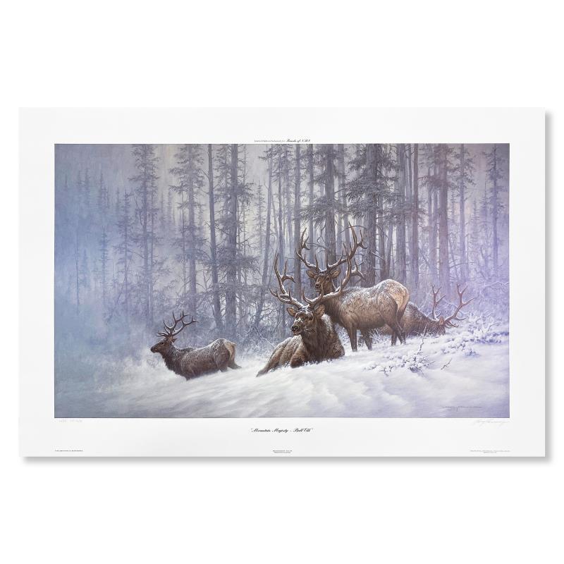 Mountain Majesty (Bull Elk, NRA Edition) by Fanning: Mountain Majesty (Bull Elk, NRA Edition) by Fanning (1938-2014). "Mountain Majesty" is a limited NRA edition lithograph on paper by Larry Fanning. Numbered and hand signed, the piece comes with a lett