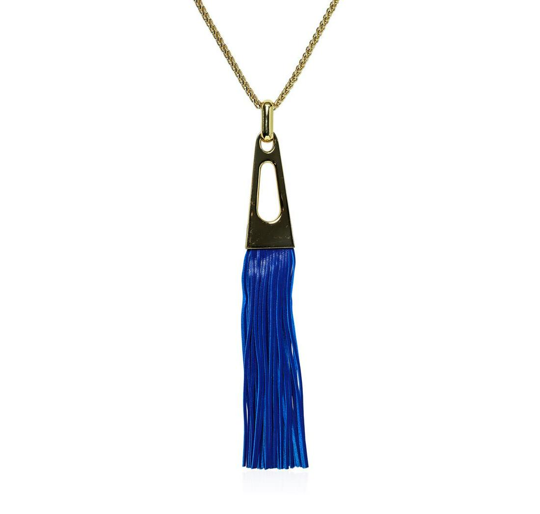 Leather Tassel Chain Necklace - Gold Plated: High end designer jewelry. Leather Tassel Chain Necklace - Gold Plated. Gold Plated Metal/3" Ext Clasp. Navy/ Gold. 22/8inches. Total Weight: 76.9 grams.