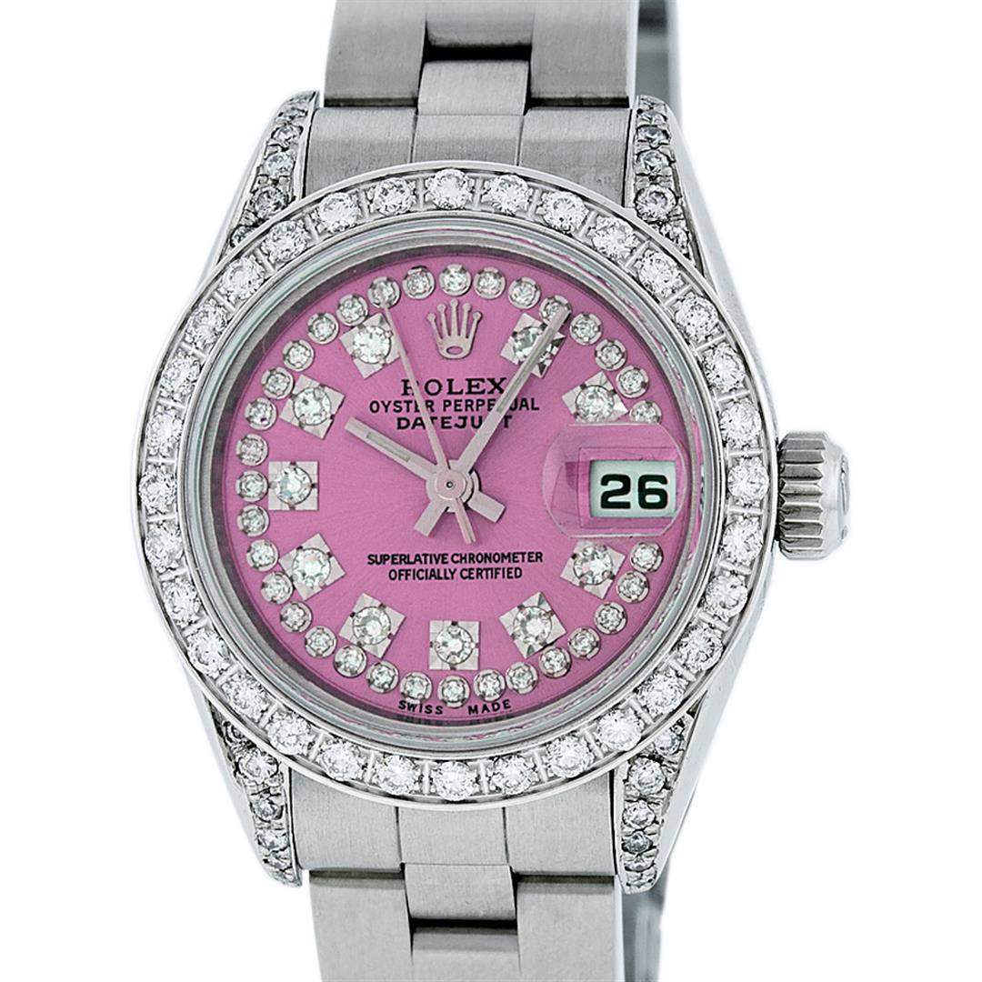 Rolex Ladies 26 Quickset Datejust Pink String Diamond: One Quickset Ladies Stainless Steel Rolex Datejust Polished Bright with Satin Finish, Serviced & Electronically Tested, Stainless Steel Case: 26mm, Stainless Steel Crown, Custom Diamond Lugs: 24 Diamo