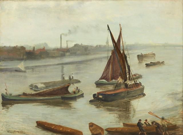 Whistler - Grey and Silver - Old Battersea Reach: Artist: James Abbott McNeill Whistler - Title: Old Battersea Reachs - Medium: Fine Art Giclee on Canvas - Image Size: Approximately 23.5 inches x 32 inches - Framed: Unframed on Unstretched Canvas - B