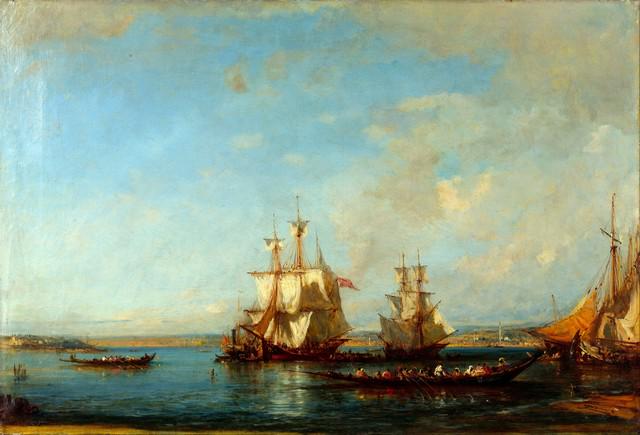 Felix Ziem - Caiques and Sailboats at the Bosphorus: Artist: Felix Ziem - Title: Caiques and Sailboats at the Bosphorus - Medium: Fine Art Reproduction Giclee on Canvas - Image Size: Approximately 21.75 inches x 32 inches - Unframed on Unstretched Canva