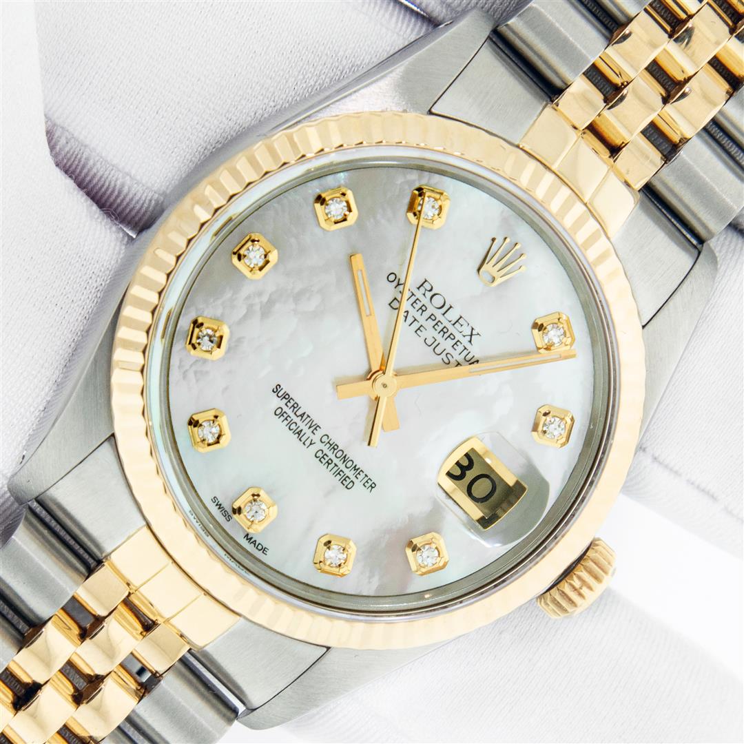 Rolex Mens 2 Tone Mother Of Pearl VS Diamond 36MM: One Mens Yellow Gold Two Tone Rolex Datejust Polished, Serviced & Electronically Tested, Yellow Gold & Stainless Steel Case: 36mm, Yellow Gold Crown, Bezel: 18K Yellow Gold Fluted Bezel. Custom Crysta