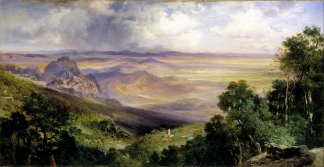 Thomas Moran - Valley of Cuernavaca: Artist: Thomas Moran - Title: Valley of Cuernavaca - Medium: Fine Art Giclee on Canvas - Image Size: Approximately 10.25 inches x 20 inches - Framed: Unframed on Unstretched Canvas - Biography: Thomas