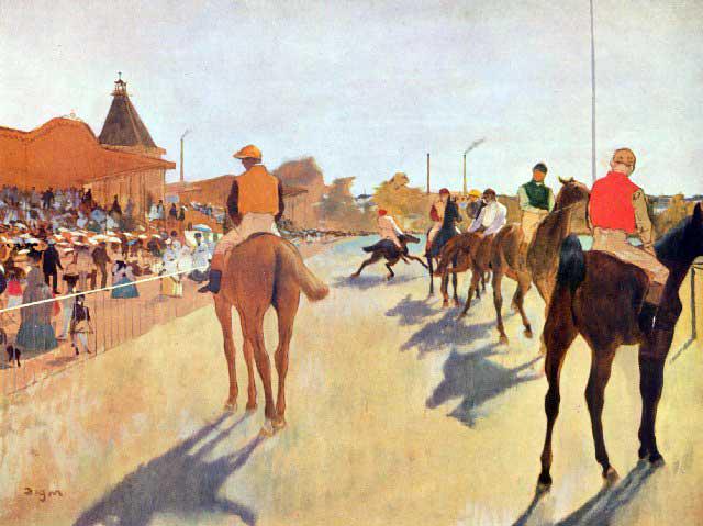 Edgar Degas - Jockeys In Front Of The Grandstand: Artist: Degas - Title: Jockeys In Front Of The Grandstand - Medium: Fine Art Reproduction Giclee on Archival Canvas - Image Size: Approximately 24 inches x 32 inches - Framed: Unframed on Unstretched 