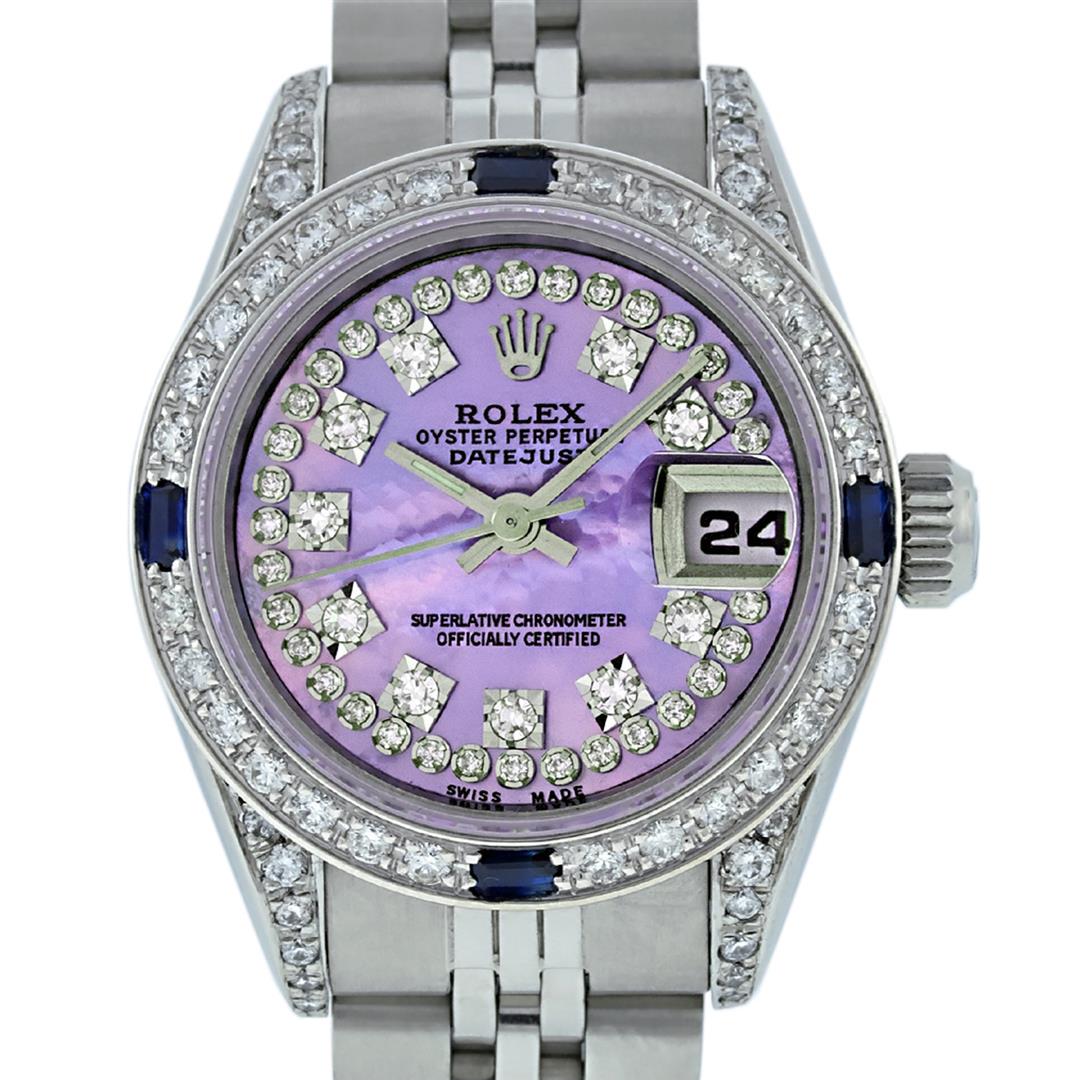 Rolex Ladies 26 Quickset Datejust Purple String Diamond: One Quickset Ladies Stainless Steel Rolex Datejust Polished Bright with Satin Finish, Serviced & Electronically Tested, Stainless Steel Case: 26mm, Stainless Steel Crown, Custom Diamond Lugs: 24 Diamo