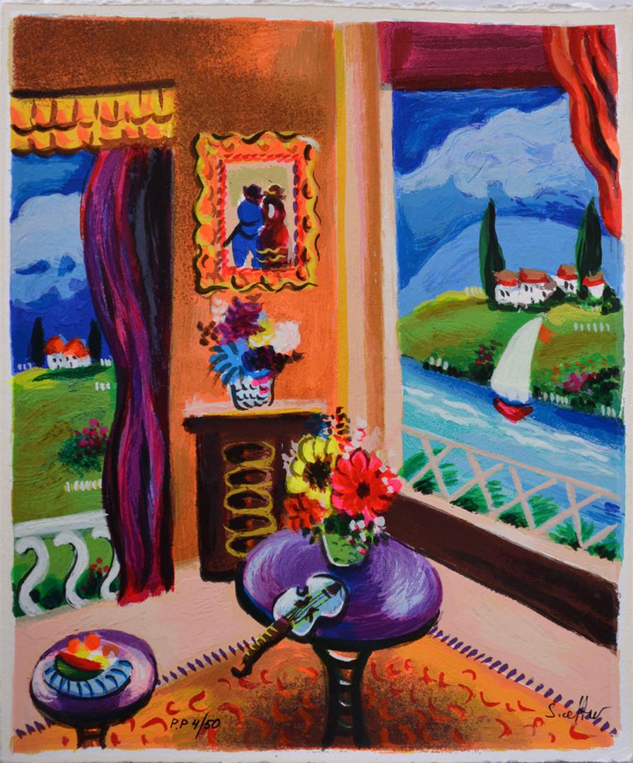 Shlomo Alter Interior: Artist: Shlomo Alter - Title: Interior - Medium: Serigraph on Fine Art Paper - Signature: Hand-signed by the Artist - Limited Edition: PP 50 - Paper Size: Approximately 11.5 inches x 9.5 inches - Unfr