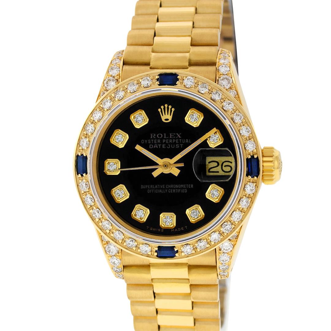Rolex Ladies 18K Yellow Gold Black Diamond And Sapphire: One Ladies Rolex 18K Yellow Gold President Polished, Serviced & Electronically Tested, Yellow Gold Case With Diamond Lugs: 26mm G to H In Color, SI1, Yellow Gold Crown, Custom Diamond Lugs: 24 Diamond
