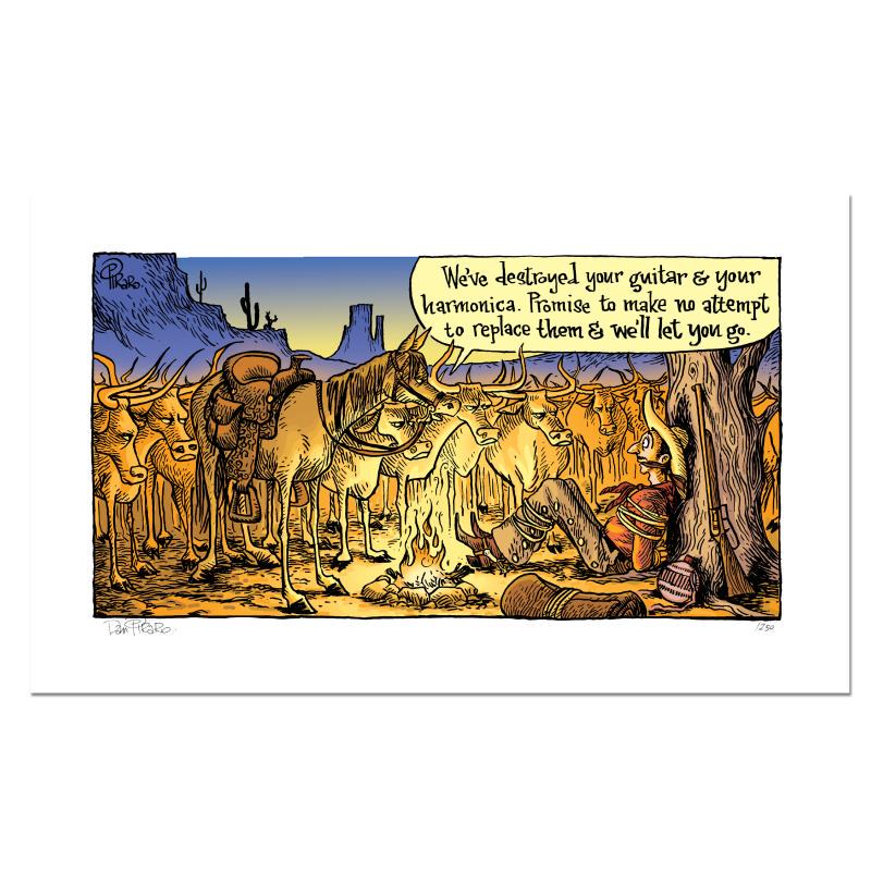 Cattle Protest by Bizarro: Cattle Protest by Bizarro. "Cattle Protest" is a limited edition giclee on paper by Dan Piraro, creator of the critically acclaimed and award winning comic strip, Bizarro! This piece is numbered and h