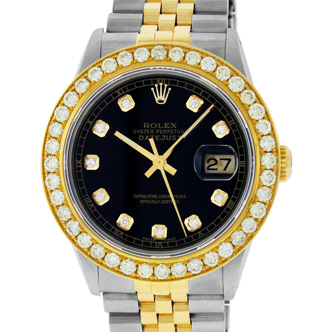 Rolex Mens 2 Tone 18K Black Diamond Oyster Perpetual: One Mens Yellow Gold Two Tone Rolex Datejust Polished Bright with Satin Finish, Serviced & Electronically Tested, Yellow Gold And Stainless Steel Case: 36mm, Yellow Gold Crown, Custom Bezel: New 18K Y