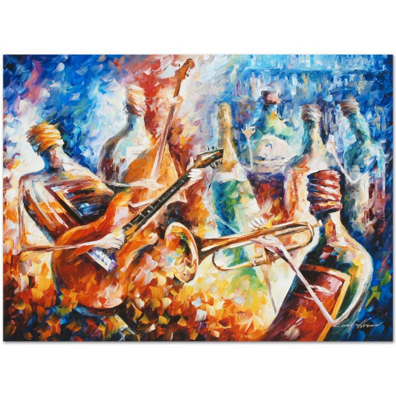 Bottle Jazz II by Afremov (1955-2019): Bottle Jazz II by Afremov (1955-2019). Leonid Afremov's (1955-2019) masterful use of color and texture make his paintings unique collectibles that are sure to brighten any wall. "Bottle Jazz II" is a 
