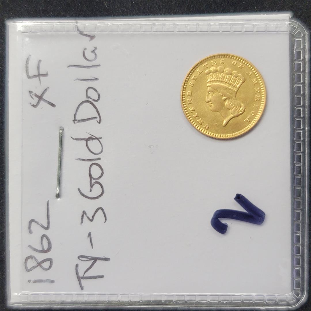 1862 $1 Gold Dollar Coin T-3 XF: One 1862 $1 Gold Dollar Coin T-3 XF.