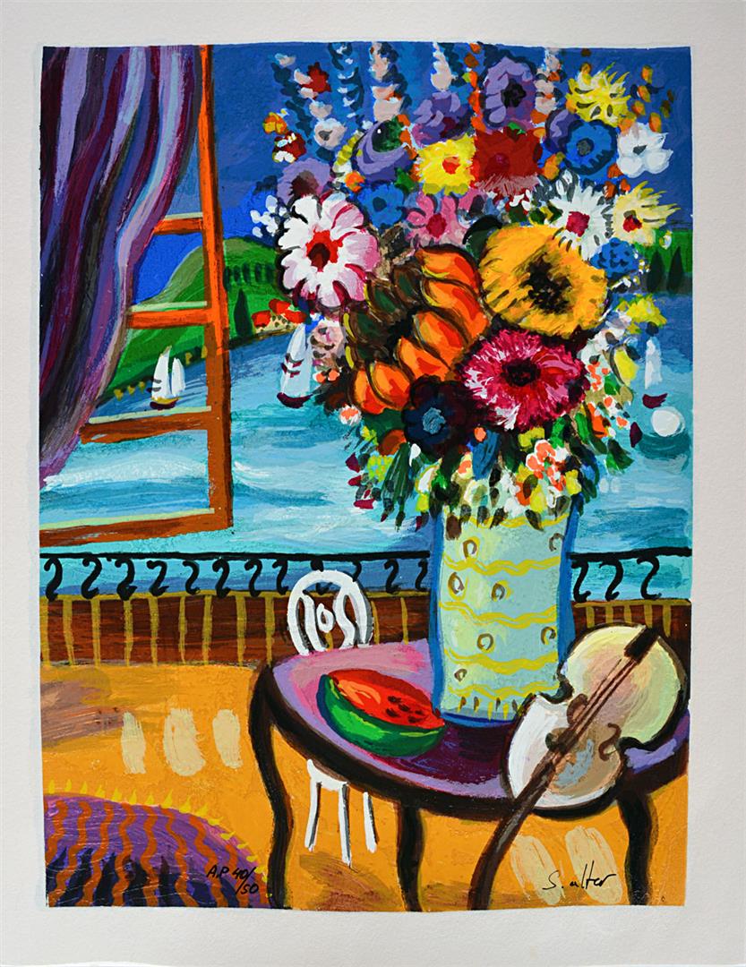 Shlomo Alter Violinists Place: Artist: Shlomo Alter - Title: Violinists Place - Medium: Serigraph on Fine Art Paper - Signature: Hand-signed by the Artist - Limited Edition: AP 50 - Paper Size: Approximately 14.5 inches x 11.25 inc