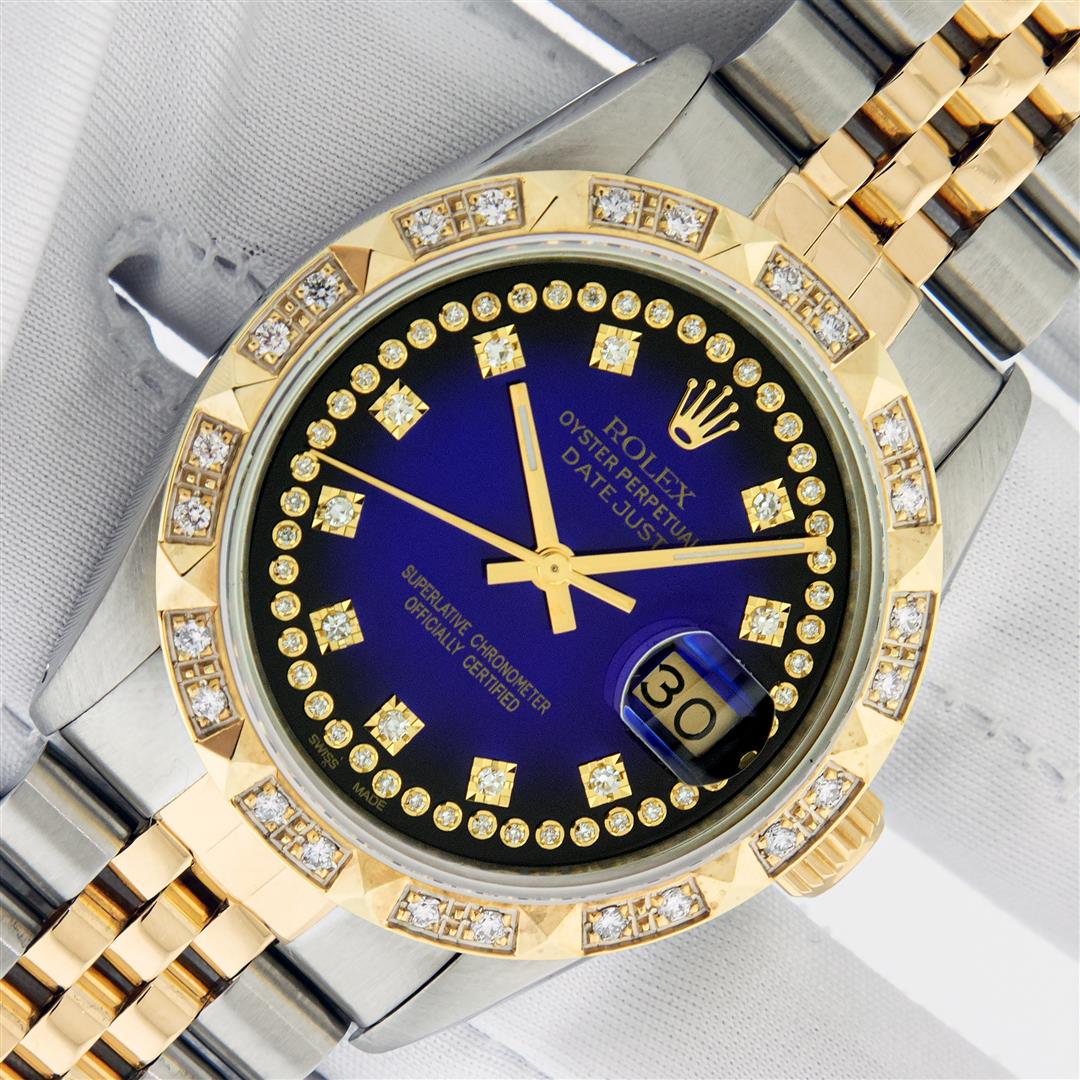 Rolex Mens 2 Tone Blue Vignette String Pyramid Diamond: One Mens Yellow Gold Rolex Datejust Polished Bright with Satin Finish, Serviced & Electronically Tested, Stainless Steel Case: 36mm, Yellow Gold Crown, Custom Bezel: New 18K Yellow Gold Pyramid Diamon