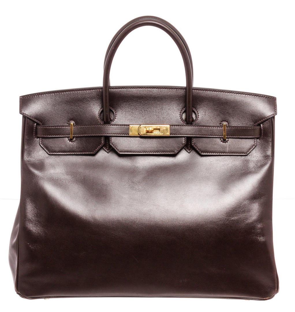 Hermes Brown Box Leather Birkin 40cm Satchel Bag: Hermes Brown Box Leather Birkin 40cm Satchel Bag. Hermes Brown Box Leather Birkin 40cm Satchel Bag with gold-tone hardware, three interior compartments pockets, dual handle and turn-lock closure.