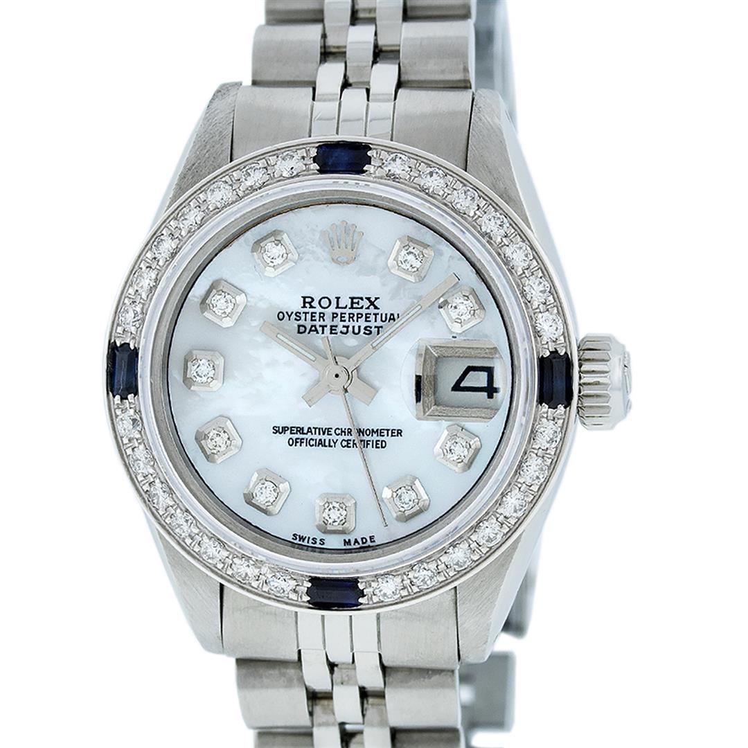 Rolex Ladies Stainless Steel Mother Of Pearl Diamond &: One Ladies Stainless Steel Rolex Datejust Polished Bright with Satin Finish, Serviced & Electronically Tested, Stainless Steel Case: 26mm, Stainless Steel Crown, Custom Bezel: New 18K White Gold Sapph