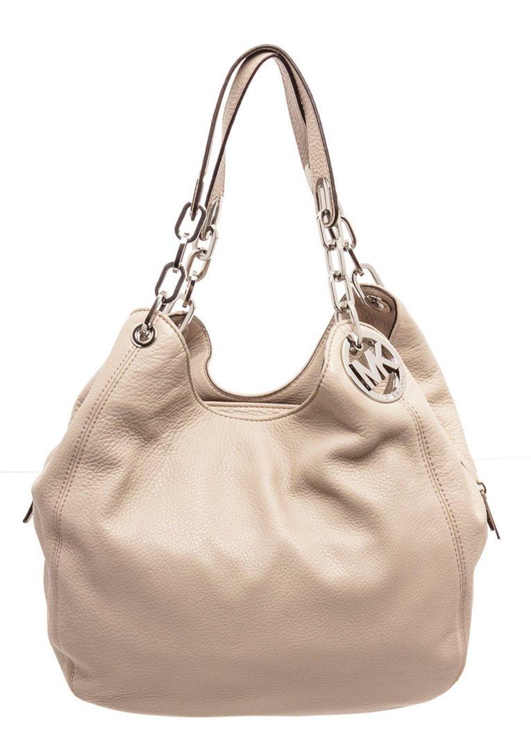 Michael Kors Beige Leather Fulton Hobo Bag: Michael Kors beige leather Fulton hobo bag with silver-tone hardware, dual flat leather & chain shoulder strap featuring MK logo placards, beige logo canvas interior lining, nine interior pockets; one