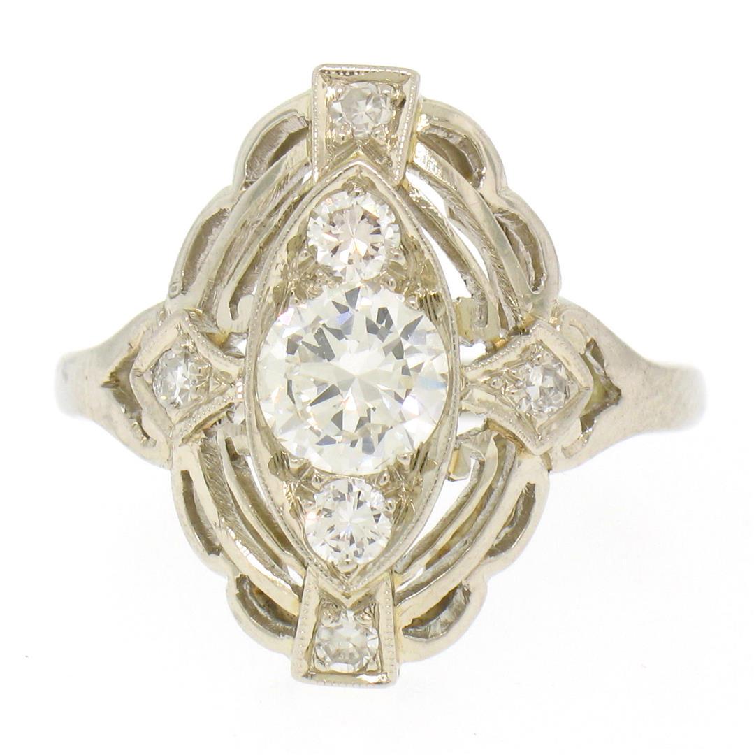 Art Deco 14k White Gold 0.85 ctw Diamond Large Open: One Antique Art Deco Large 14k White Gold 0.85ctw Diamond Open Work Dinner Ring. Item Details: Material: Solid 14k White Gold, Weight: 3.8 Grams, Stone(s): (1) Natural Genuine Diamond - Old European C