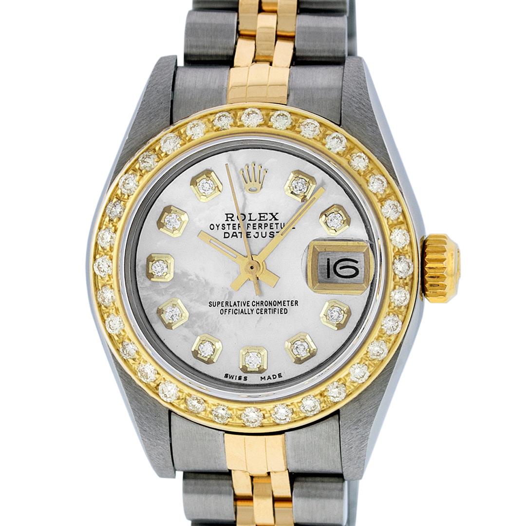 Rolex Ladies Quickset 2 Tone Mother Of Pearl Diamond: One Ladies 18K Two Tone Rolex Oyster Perpetual Datejust Polished, Serviced & Electronically Tested, 18K Yellow Gold & Stainless Steel Case: 26mm, 18K Yellow Gold Crown, Custom Bezel: New 18K Yellow Go