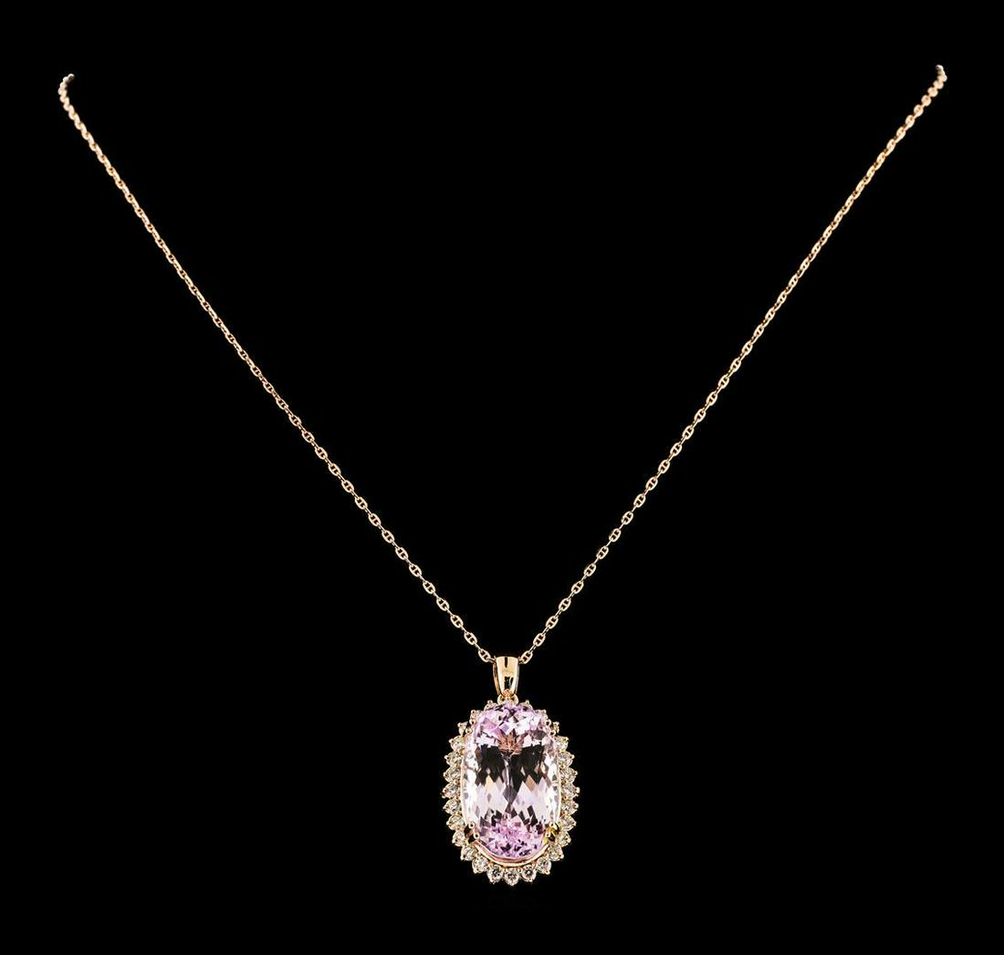 28.74 ctw Kunzite and Diamond Pendant With Chain - 14KT: One electronically tested 14KT rose gold lady's combination cast & assembled fashion pendant & chain 18.0' long, 1.3mm oval Gucci link with a lobster claw clasp with a basket halo with a bright polish