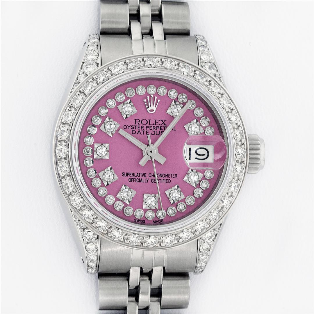 Rolex Ladies Stainless Steel 26MM Pink String Diamond: One Ladies Stainless Steel Rolex Datejust Polished Bright with Satin Finish, Serviced & Electronically Tested, Stainless Steel Case: 26mm, Stainless Steel Crown, Custom Diamond Lugs: 24 Diamonds On Lu