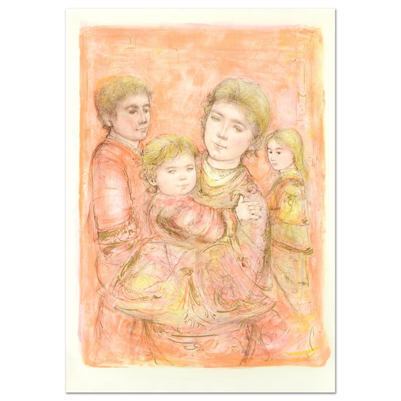 Portrait of a Family by Hibel (1917-2014): "Portrait of a Family" is a limited edition lithograph on paper by Edna Hibel (1917-2014), numbered and hand signed by the artist. Includes Certificate of Authenticity. Measures approx. 31.5" x 45" (b