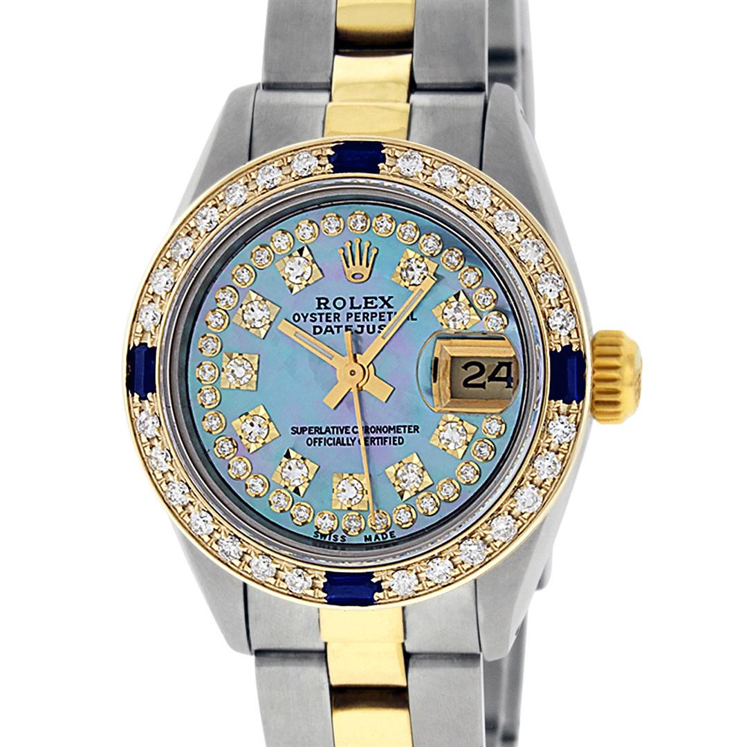 Rolex Ladies 2 Tone 18K Gold Bezel Blue String Diamond: One Ladies Two Tone Rolex Datejust Polished, Serviced & Electronically Tested, Yellow Gold & Stainless Steel Case: 26mm, Yellow Gold Crown, Custom Bezel: New 18K New Yellow Gold Beadset + Sapphire Dia