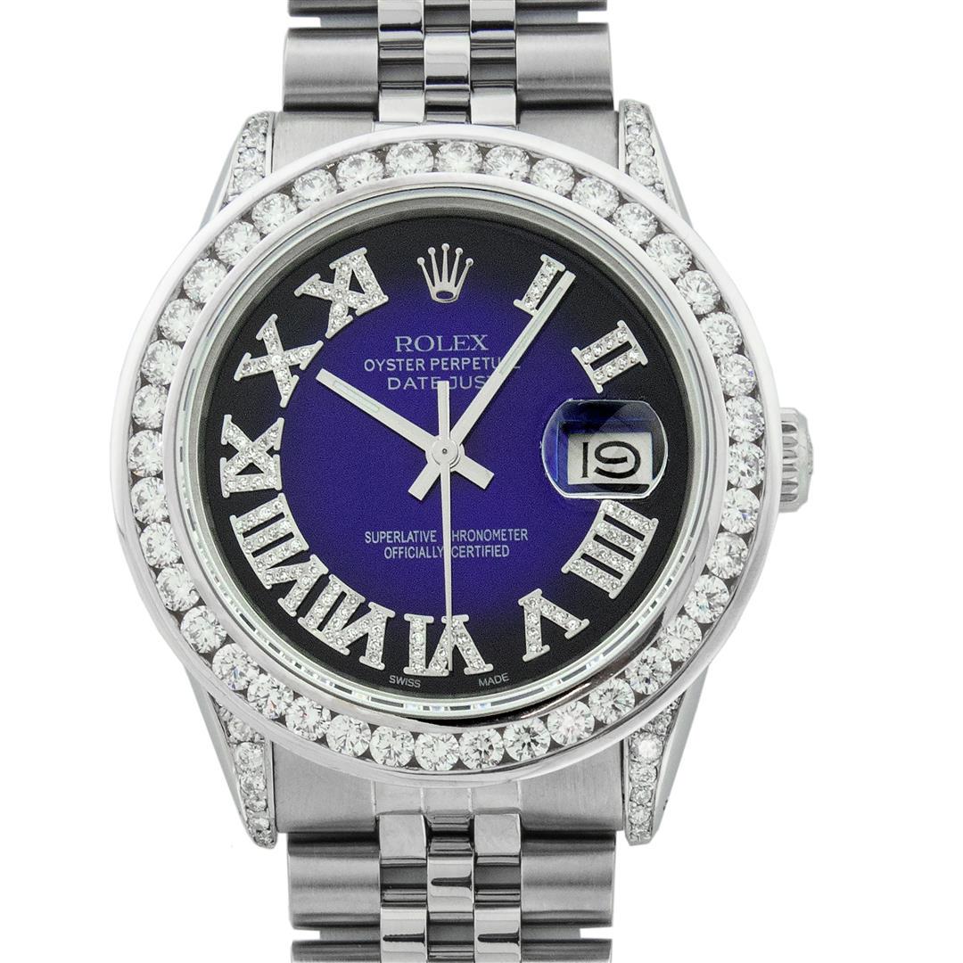 Rolex Mens Stainless Steel Blue Vignette Roman 3 ctw: One Mens Stainless Steel Rolex Datejust Polished Bright with Satin Finish, Serviced & Electronically Tested, Stainless Steel Case: 36mm, Diamond Lugs: 24 Diamonds On Lugs, Color: G to H, Clarity: SI-V
