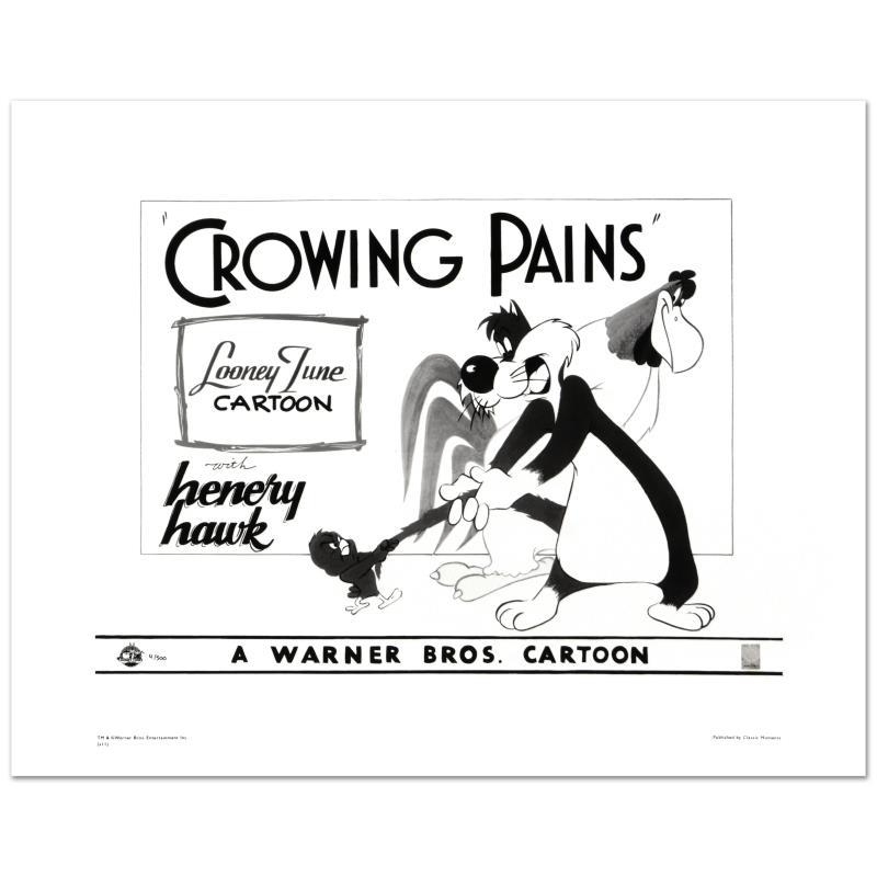 Crowing Pains with Sylvester by Looney Tunes: "Crowing Pains with Sylvester" is a limited edition giclee on paper from Warner Bros., numbered with hologram seal of Authenticity. This image was originally used as a "lobby card" displayed in theate