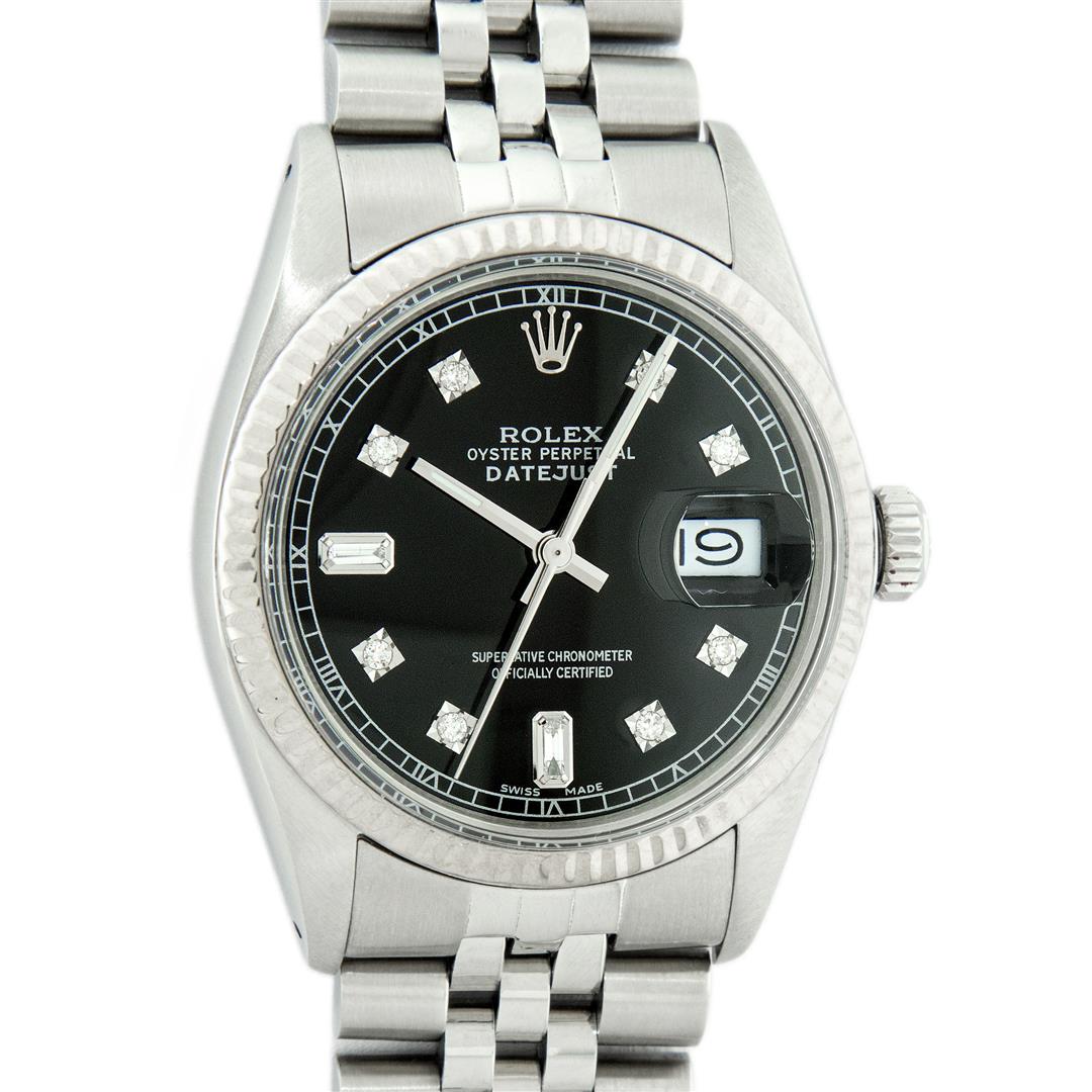 Rolex Mens Stainless Black Diamond 36MM Datejust: One Mens Pre Owned Stainless Steel Rolex Datejust Polished Bright with Satin Finish, This Watch Has Been Serviced & Electronically Tested, Rolex Stainless Steel Case: 36mm, Rolex Stainless Steel Crown