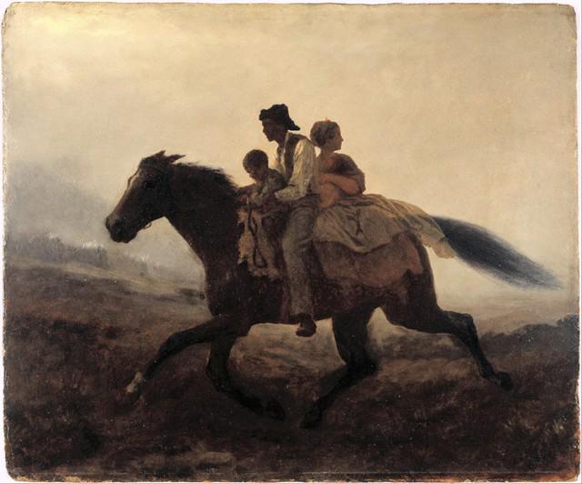Eastman Johnson - A Ride for Liberty - The Fugitive: Artist: Eastman Johnson - Title: A Ride for Liberty - The Fugitive Slaves - Medium: Fine Art Giclee on Canvas - Image Size: Approximately 16.5 inches x 20 inches - Framed: Unframed on Unstretched Canv