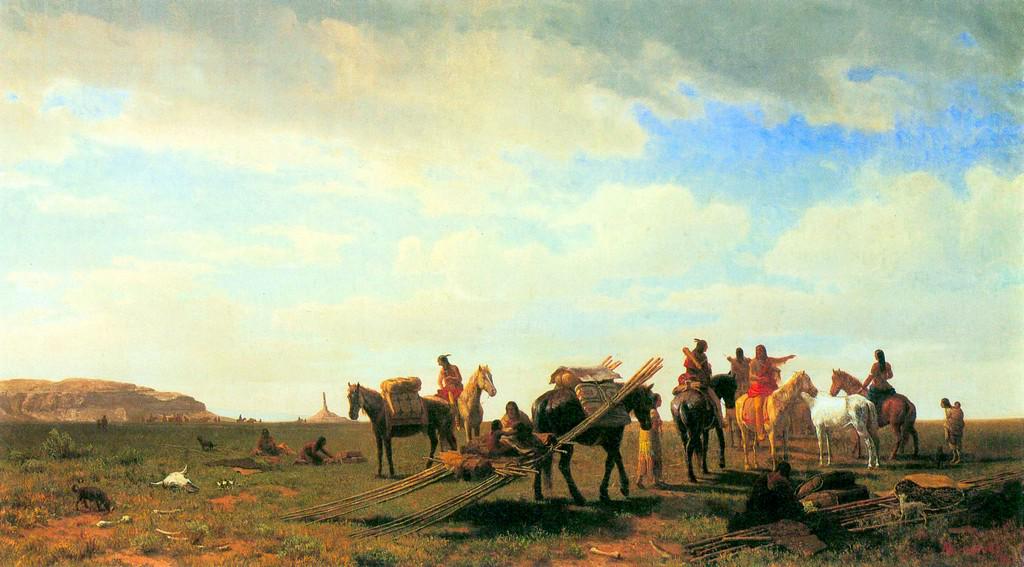Indians Near Fort Laramie by Albert Bierstadt: Artist: Albert Bierstadt - Title: Indians Near Fort Laramie - Medium: Fine Art Giclee on Canvas - Image Size: Approximately 11 inches x 20 inches - Unframed on Unstretched Canvas - Biography: Bierstad