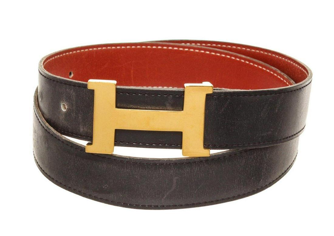 Hermes Black Leather Constance Belt: Hermes Black Leather Constance Belt with material leather, gold-tone hardware and push lock closure.