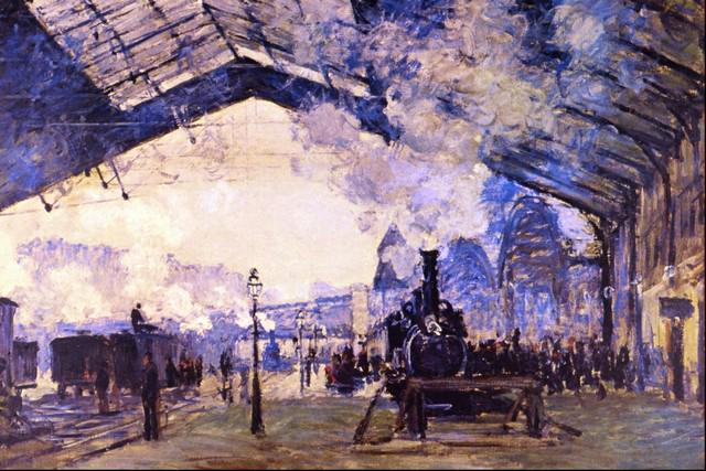 Claude Monet - Old St Lazarre Station: Artist: Claude Monet - Title: Old St Lazarre Station - Medium: Fine Art Reproduction Giclee on Canvas - Image Size: Approximately 13.25 inches x 20 inches - Framed: Unframed on Unstretched Canvas - Bi