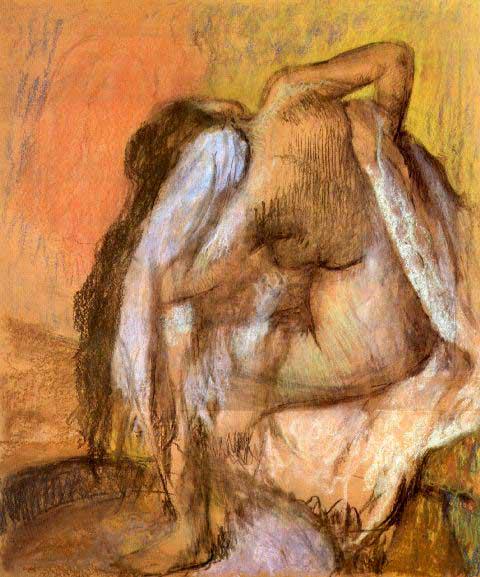 Edgar Degas - Seated Female Nude Drying Neck And Back: Artist: Degas - Title: Seated Female Nude Drying Neck And Back - Medium: Fine Art Reproduction Giclee on Archival Canvas - Image Size: Approximately 20 inches x 16.75 inches - Framed: Unframed on Unst