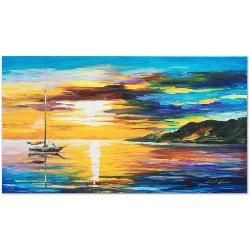 Sunset by Afremov (1955-2019): Leonid Afremov's (1955-2019) masterful use of color and texture make his paintings unique collectibles that are sure to brighten any wall. "Sunset" is a limited edition giclee on canvas. The piece is 