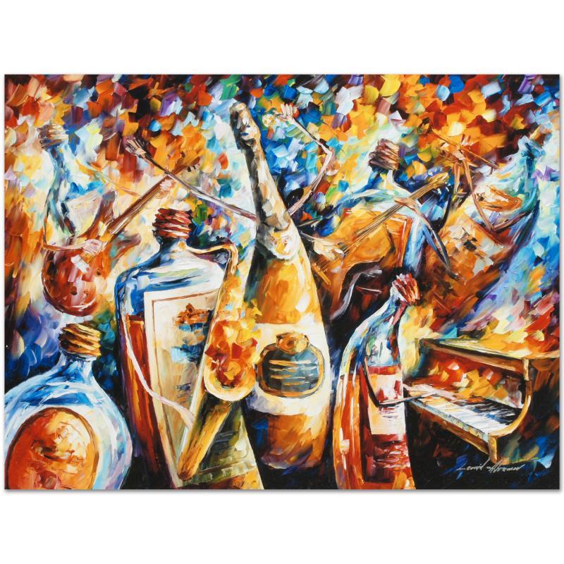 Bottle Jazz IV by Afremov (1955-2019): Leonid Afremov's (1955-2019) masterful use of color and texture make his paintings unique collectibles that are sure to brighten any wall. "Bottle Jazz IV" is a limited edition giclee on canvas. The p