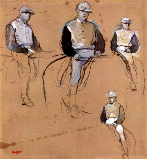 Edgar Degas - Study With Four Jockeys: Artist: Degas - Title: Study With Four Jockeys - Medium: Fine Art Reproduction Giclee on Archival Canvas - Image Size: Approximately 20 inches x 18.5 inches - Framed: Unframed on Unstretched Canvas - 