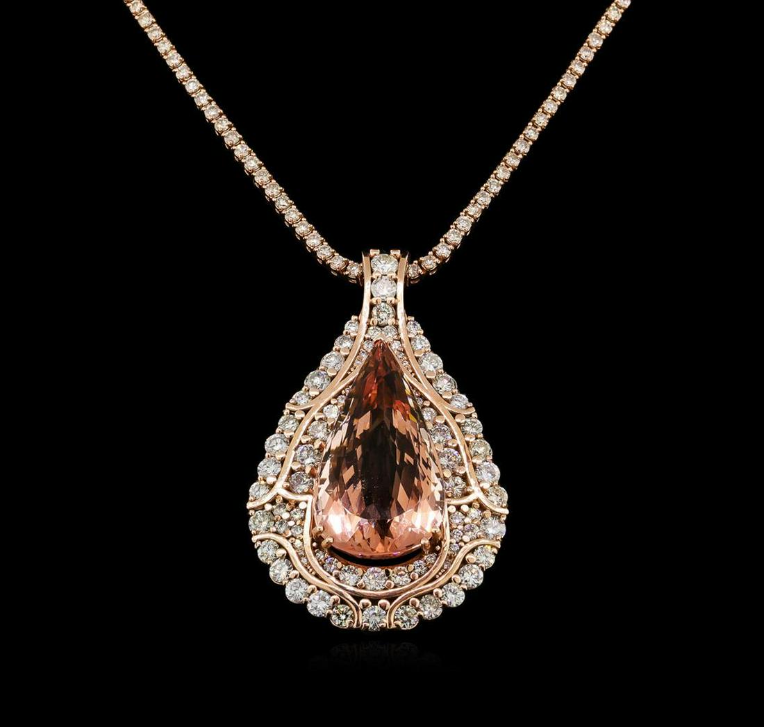 14KT Rose Gold GIA Certified 49.49 ctw Morganite and: One electronically tested 14KT rose gold ladies cast & assembled morganite and diamond pendant with chain. The pendant features a morganite set within an elaborate diamond gallery, completed by a diam