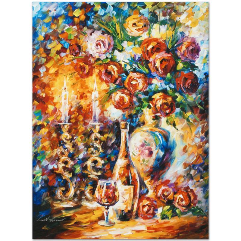 Shabbat by Afremov (1955-2019): Leonid Afremov's (1955-2019) masterful use of color and texture make his paintings unique collectibles that are sure to brighten any wall. "Shabbat" is a limited edition giclee on canvas. The piece is
