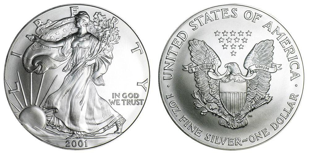 2001 American Silver Eagle .999 Fine Silver Dollar Coin: One 2001 American Silver Eagle .999 Fine Silver Dollar Coin.